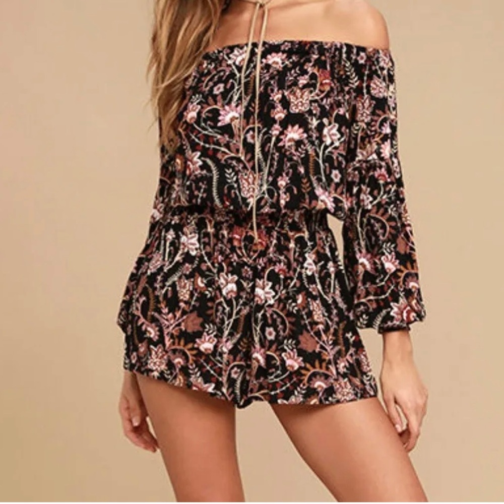 Free People Floral Off-Shoulder Romper - Black and Pink